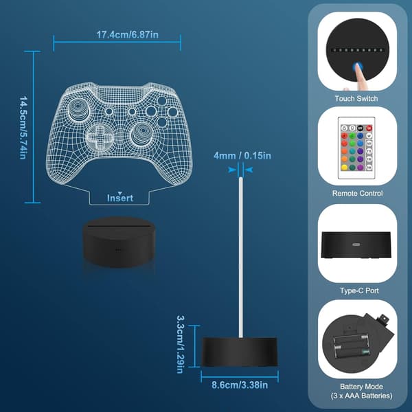 Gamepad 3D Illusion Lamp, Controller Night Light with Remote Control + Timer 16 Color Changing Desk Lamp