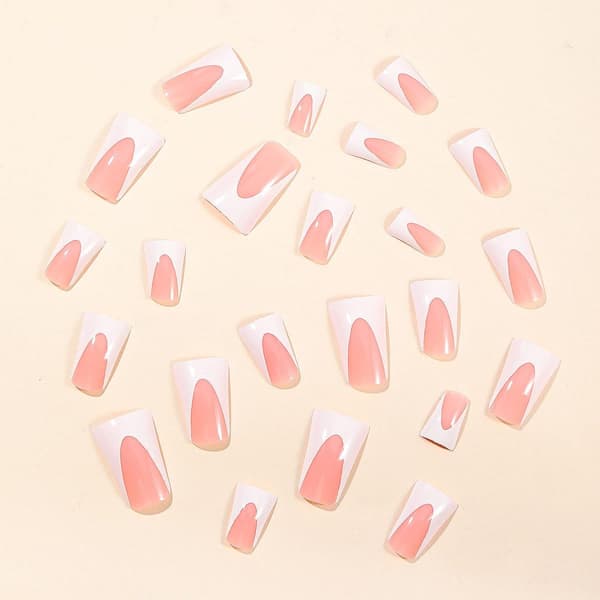 Medium Press on Nails Pink Square False Nails Duckbill Shaped Acrylic Nails Full Cover