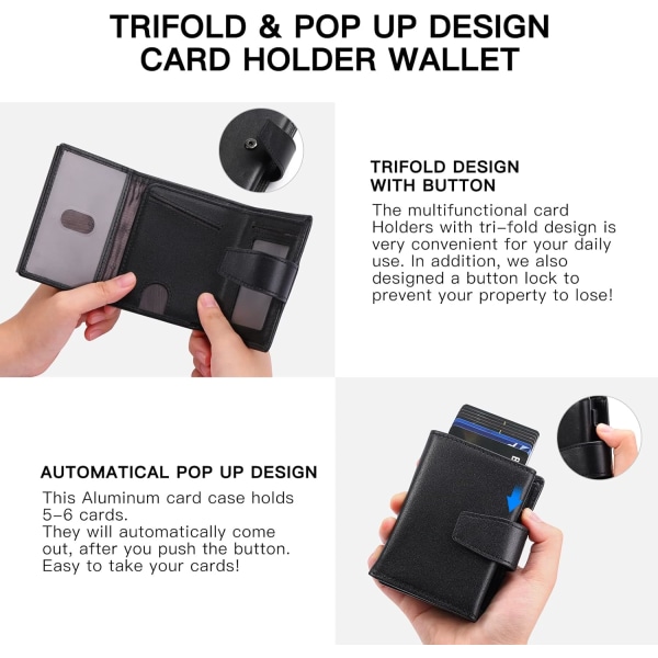 Kreditkortshållare RFID Blockering Minimalistisk Trifold Herrplånböcker Automatisk pop-up case med ID Windows & Zip Myntficka Black