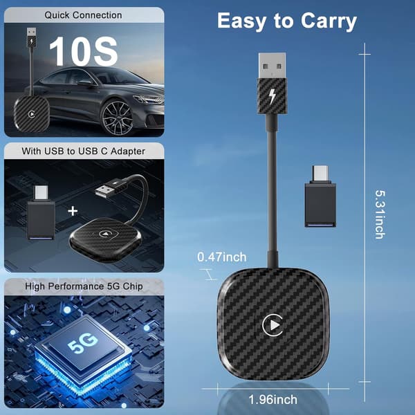 Trådløs CarPlay til iPhone, Trådløs CarPlay-dongle Konverterer Kablet til Trådløs, til Biler fra 2017-2024 & iPhone iOS 11+