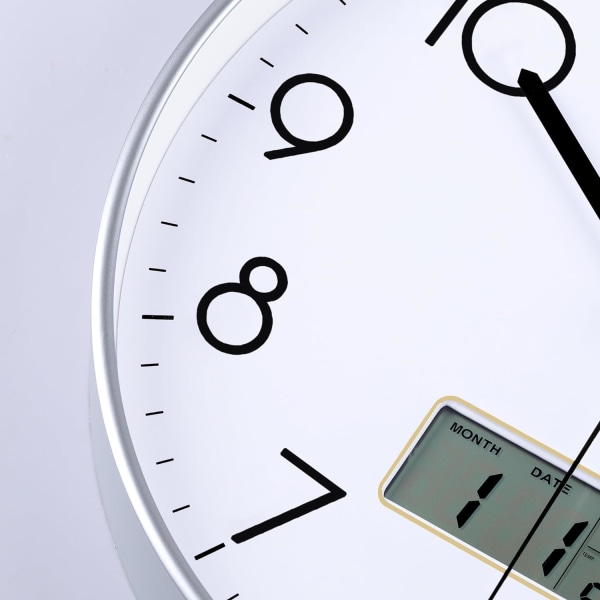 Tyst väggklocka för kök med datum och dagtemperatur, silver väggklockor för vardagsrum modernt sovrum, LCD-display kvarts digital väggklocka B