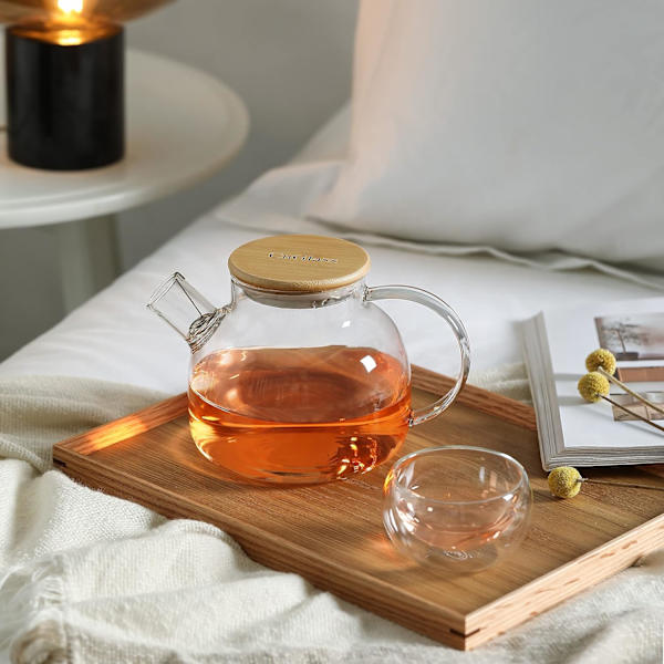 Glas tekande komfursikker med bambuslåg, 900 ml/30,4 oz gennemsigtige tekande med aftagelig si, glas tekande til løs te og blomstrende te 900ml/30.4oz 900ML/30.4OZ