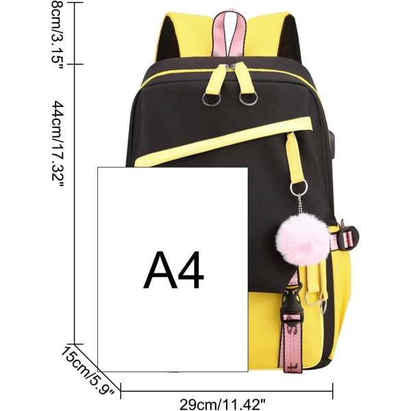 Ryggsäck för tonårsflickor, mellanstadieelever, utomhusryggsäck med USB-laddningsport 5# Yellow 19 Liters