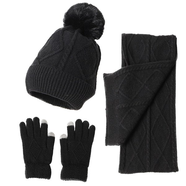 Damehue tørklæde og handsker sæt, vintervarmer pompom hat kabelstrik tørklæde og handsker julefødselsdagsgaver til kvinder, sort