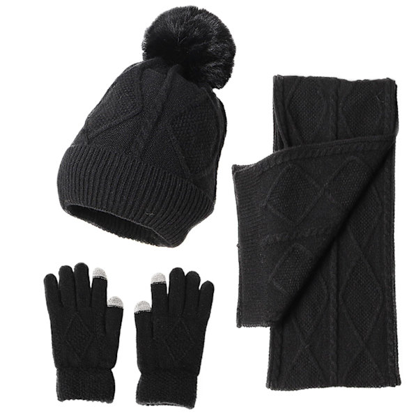 Hatt, skjerf og votter sett for kvinner, vintervarmer med pompom-hatt, kabelstrikket skjerf og votter, bursdagsgaver for kvinner, svart