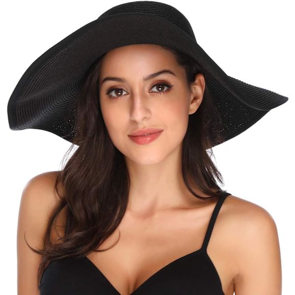 Damhatt i Halm med Bred Brätte, Vikbar, Rullbar, Strandhatt, Solhatt, UPF 50+ Style Cblack