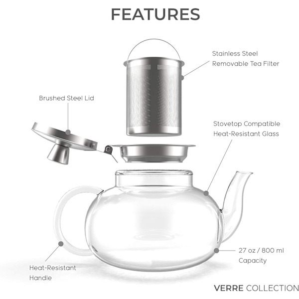 Glass Tekanne Komfyrkompatibel Kjel med Rustfritt Stål Avtagbar Infuser, Løs Te, Komfyrsikker Tekanne og Sil (800 ml) Transparent 27 Ounce