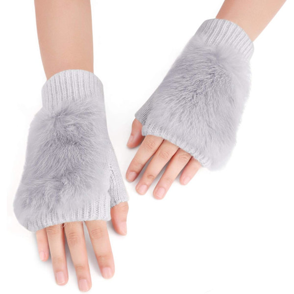Vinterhandskar för flickor, söta tecknade djurklövar, halvfinger, tjocka & varma, mjuka plyschkorallfleece-snörehandskar Solid Light Grey