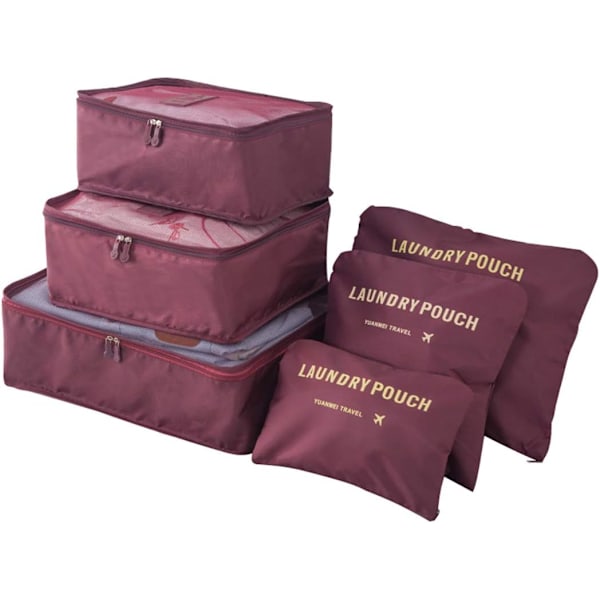 6-pack reseväskor med dragkedja för kläder, underkläder och strumpor (vinröd) Burgundy 6 size