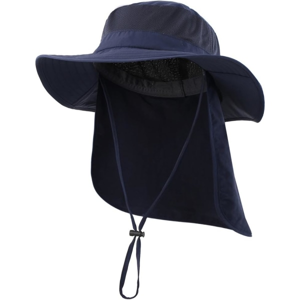 Utendørs UPF50+ Mesh Solhatt Bred Bremskjerm Fiskehatt med Nakkeklaff Navy Blue L