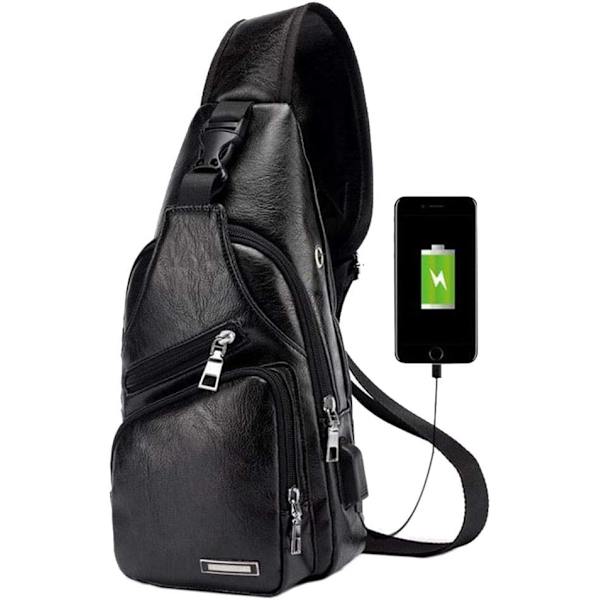 Läder Sling Crossbody Väska Reseryggsäck för Män Kvinnor Liten Axelväska Bröstväskor med USB-laddningsport Utomhus Vandring Camping Dagryggsäckar #21black(pu/Usb)