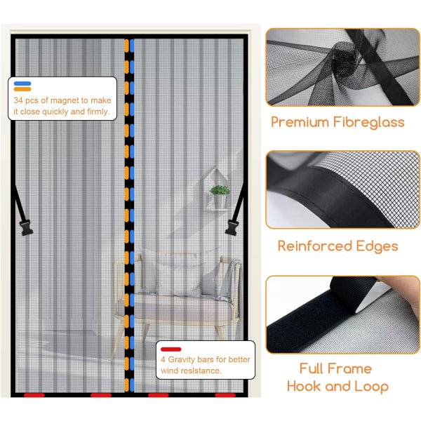 c Skärmdörrar Jsdoin Magnetiska dörrgardiner Myggnät Anti- mesh med kraftfulla magneter och heltäckande magic tejp upp till 90 cm x 210 Black 90x210cm