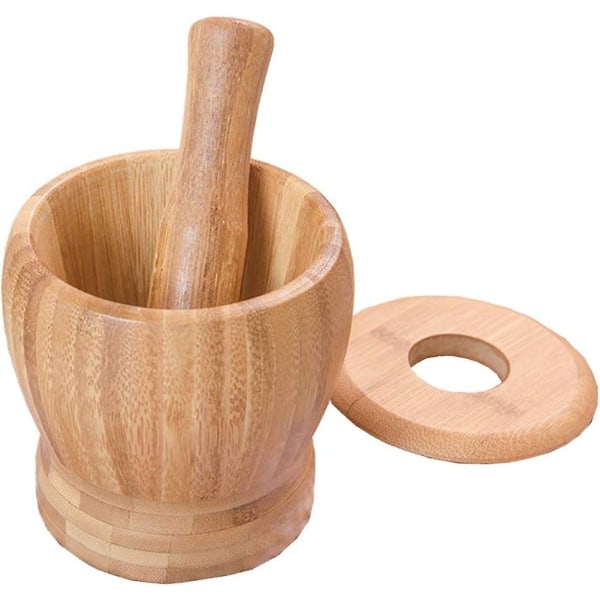 Bambu mortel och mortelstöt set med lock, kryddkvarn och köksredskap för blandning och malning av örter
