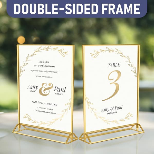 Double-Sided Gold Picture Frames - 6-Pack - A5 Acrylic Gold Table Number Holders, Clear Easel Table Stands for Signs, Gold Frames