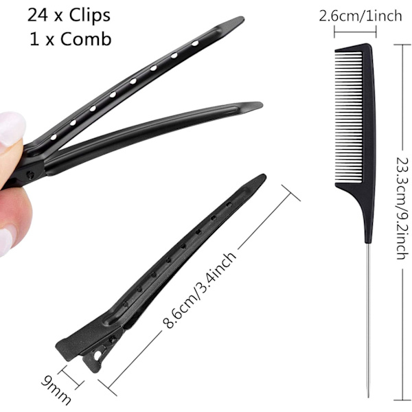 24 stk Hårseksjonering Klips med Styling Kam, 3,5 Tommer Andebeak Hårklips Metall Krokodille Hårstyling Krøllklips Black