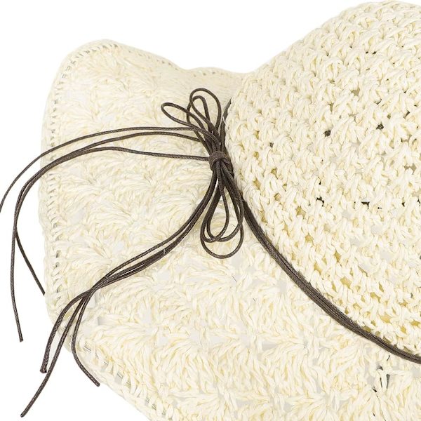 Solhatt i halm för kvinnor, damer, hopfällbar, bredbrättad, med rosett, justerbar, strandhatt, elegant hinkhatt, UPF 50 UV-skydd, bekväm Creamy White One Size