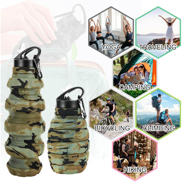 18 oz Kätevä Matkapullo, Uusiokäyttöinen Silikoninen Taittuva Vesi Pullo Toimistoon, Kouluun, Kuntosalille, Leirintäalueelle, Vaellukselle, Kannettava Vuotamaton Urheilupullo Desert Camouflage