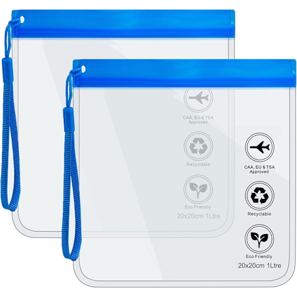 Läpinäkyvä matkatavaratasku - Turvatarkastuksen nestepussit, lentokentän nestepussi 20 x 20 cm TSA-hyväksytty, matkatarvikkeet Meikkipussit Loma Essent 2pcs Blue