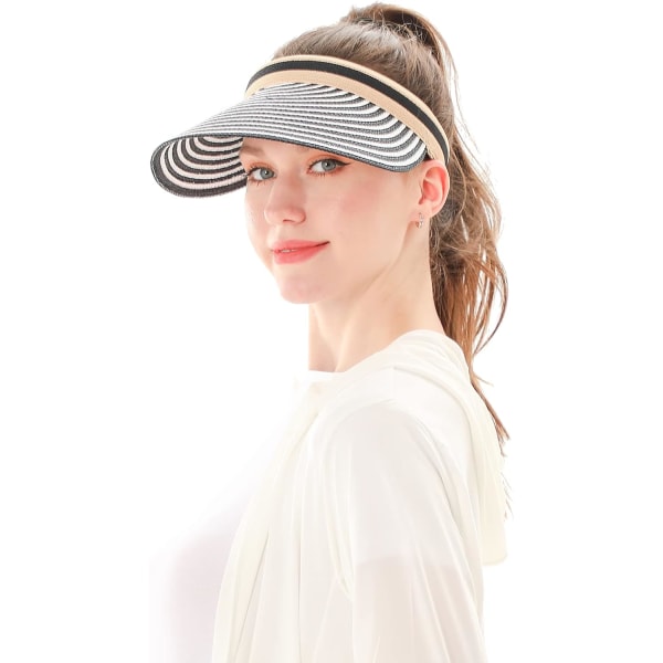 Kvinners Stor Bredde Strand Halm Golf Solhatt Sommer Cap Black Stripe One Size