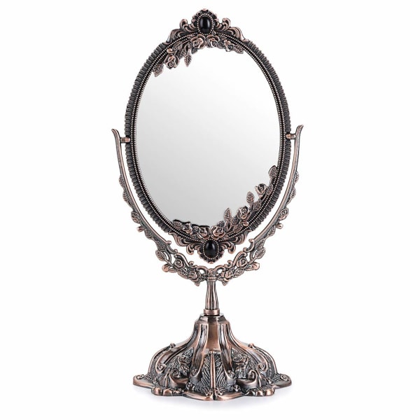 Sminkespeil Vintage speil Ovalt dobbeltsidig roterbart dressing speil Skrivebordsservant Dekorativ stående bordplate (liten) (rød bronse)