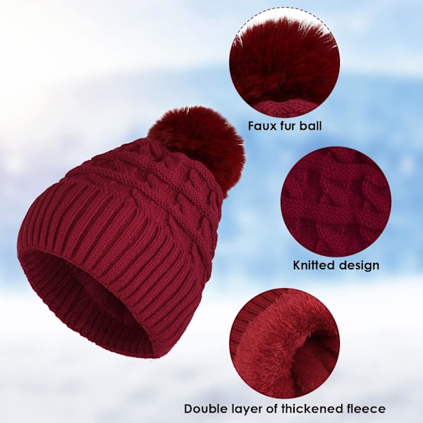 Mössa för kvinnor vintermössa termisk fleecefodrad hatt damer stickade ullmössor med konstpäls pompom RED One size