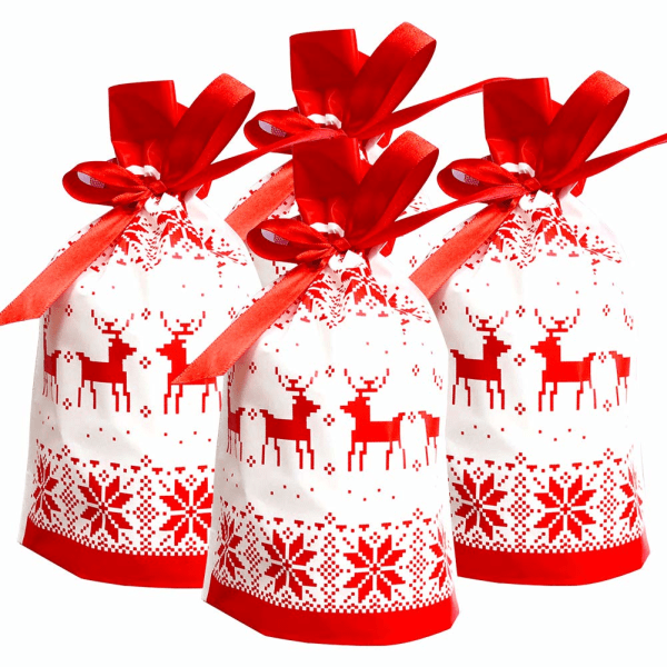 Jule-snøregaveposer, 50 stk. julegaveinnpakningspose Godteri søtpose Julegodtposer for barn Bursdag Julefest Rød+hvit