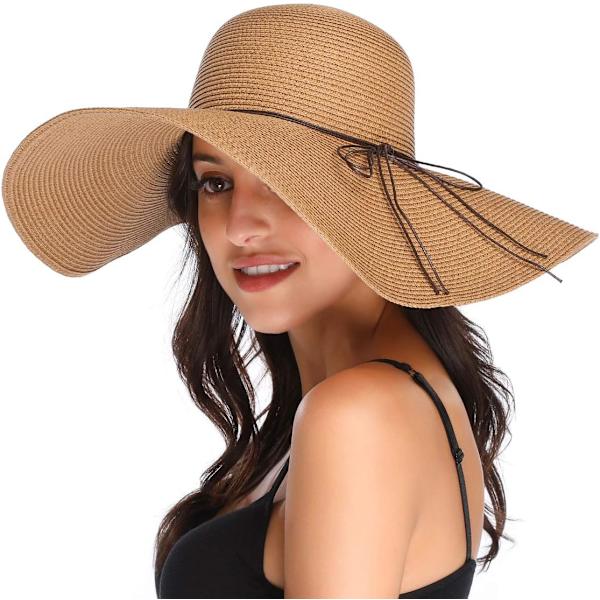 Damhatt i Halm med Bred Brätte, Vikbar, Rullbar, Strandhatt, Solhatt, UPF 50+ Style Dkhaki