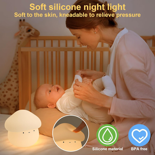 Silikon nattlys for barn, USB-oppladbart lys, bordlampe til soverom, timer, leselys, dekorasjon, gave (soppform).