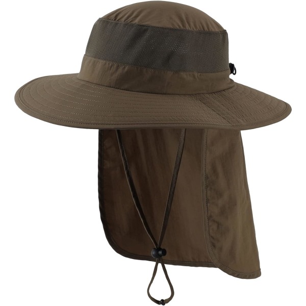 Utomhus UPF50+ Mesh Solhatt Bred Brätte Fiskehatt med Nackskydd Olive Brown L