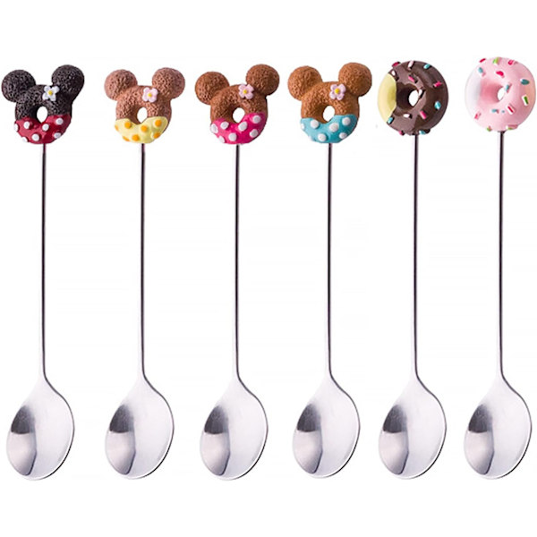 Ske-sæt, 6 stk. rustfri stål skeer med donuts og Mickey Mouse-form til børn