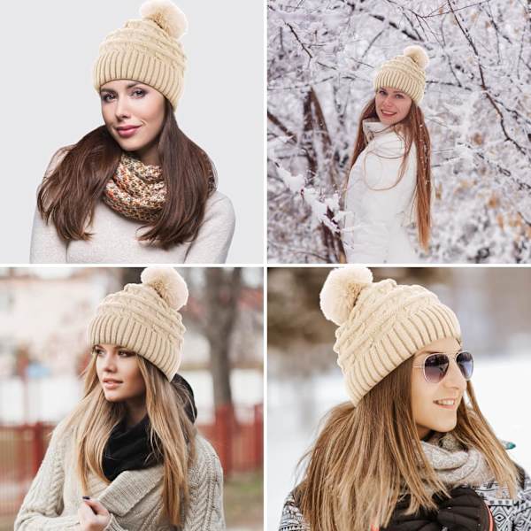 Hætte til kvinder vinter hætte hatte termisk fleeceforet hat damer strikkede uld hatte med kunstig pels pom pom White One size
