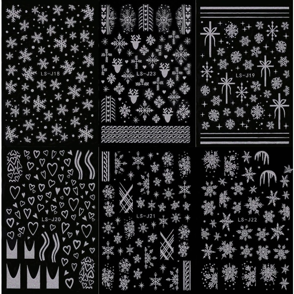 6 ark Christmas Nail Art Stickers Dekaler Selvklebende White Stars Snowflakes Nail Supplies Nail Art Design Decoration Accessories（kun klistremerker）