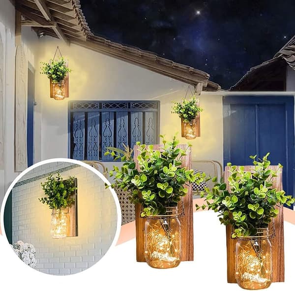 Rustic Wall Sconces, Mason Jar Sconces, Farmhouse Style Decor, LED String Lights, Green Artificial Plant, Decor