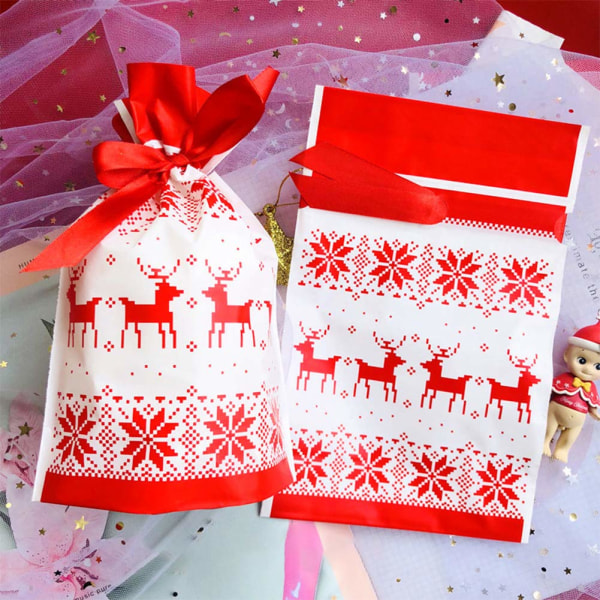 Jule-snøregaveposer, 50 stk. julegaveinnpakningspose Godteri søtpose Julegodtposer for barn Bursdag Julefest Rød+hvit