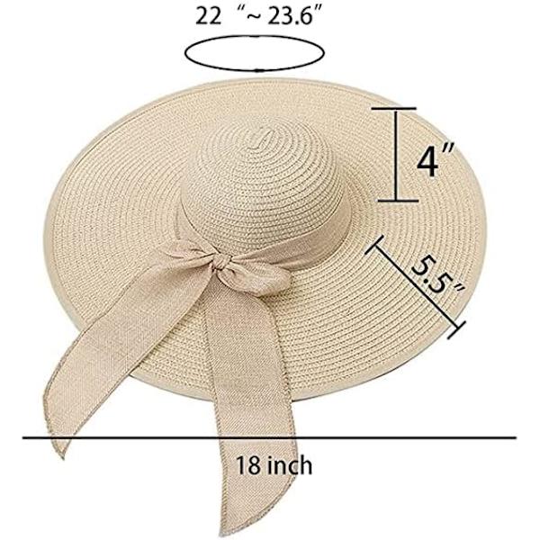 Kvinner Foldbar Floppy Bredbremmet Halm Solhatt Sommer Strandhatt UV UPF 50+ 02Style Bowknot Beige