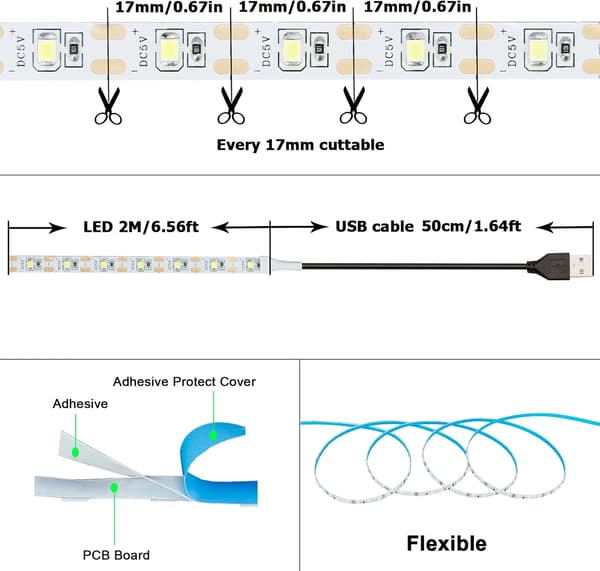 5V USB LED Strip Cold White 6000K USB Powered 4M (2 pcs) Flexible SMD2835 High Brightness Non-Waterproof IP20 LED Tape Light