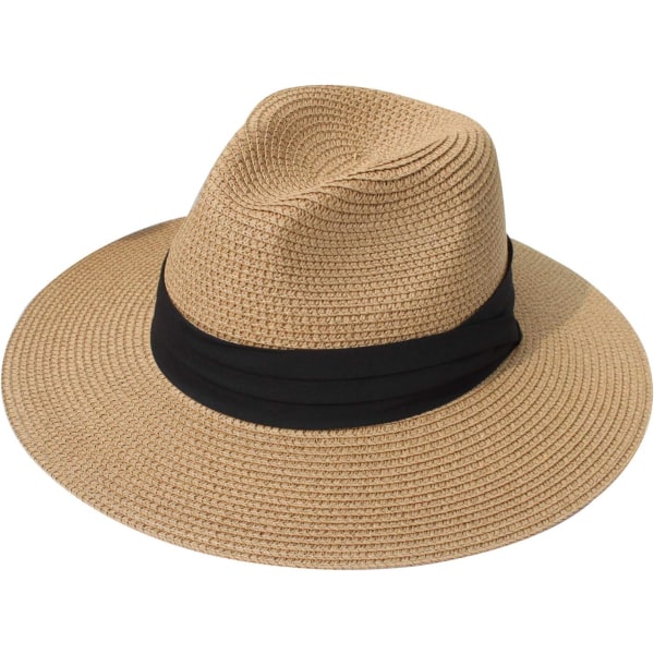 Kvinners strå Panama hatt Fedora strand solhatt bred brem strå rull opp hatt UPF 50+ Fedora Khaki One Size