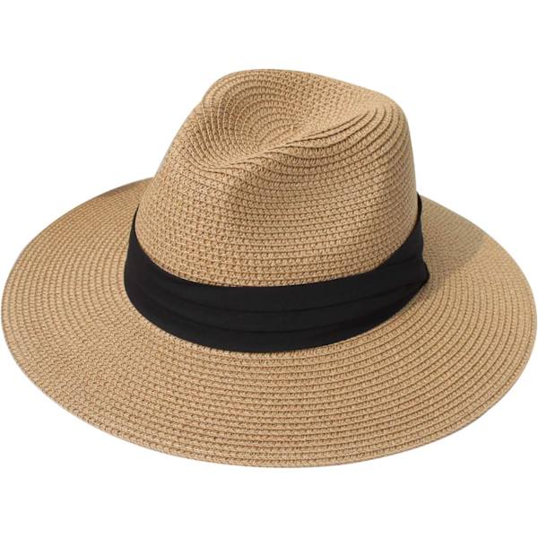 Naisten olkihattu Panama Fedora - Rantahattu leveällä reunuksella - UPF 50+ Fedora Khaki One Size