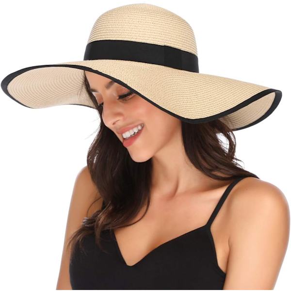 Damhatt i Halm med Bred Brätte, Vikbar, Rullbar, Strandhatt, Solhatt, UPF 50+ Style Cbeige