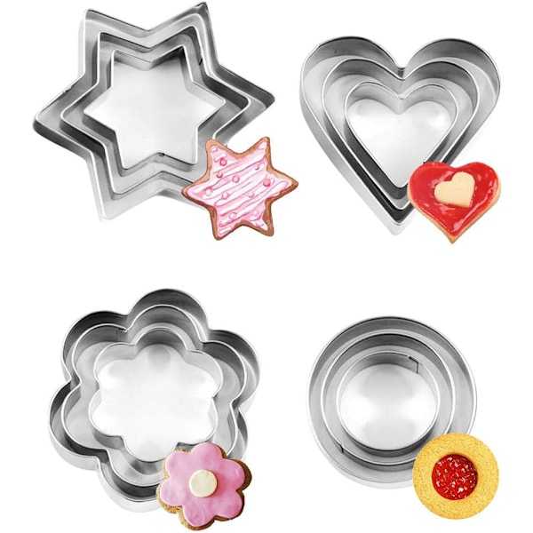12 stk Kakeutstekersett, Mini Geometriske Kakeutstekere i Rustfritt Stål Former Hjerte Stjerne Sirkel/Rund Blomst Form for Kjeks Bakverk Baking Fon Silver