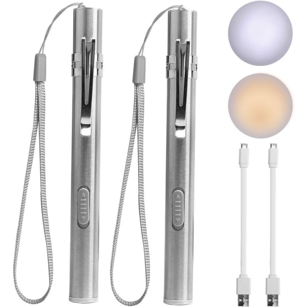Kynä taskulamput sairaanhoitajille, uudelleen käytettävä ladattava taskulamppu, 2kpl LED-valot kynävalo 2pack White & Yellow