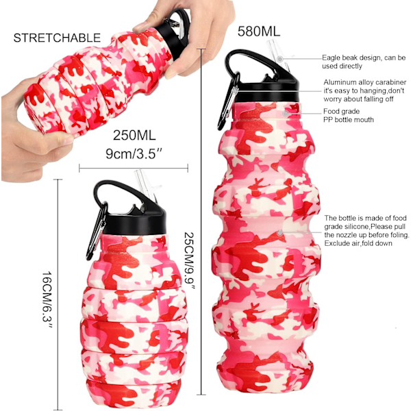 Hopfällbar Resevattenflaska 18oz, Återanvändbar BPA-Fri Silikon Hopfällbar Vattenflaska för Gym Camping Vandring, Bärbar Läckagesäker Sportvattenflaska Pink Camouflage Cup