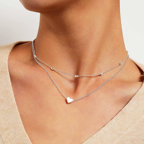 Boho Lagdelt Hjerte Halskjede Sølv Perlekjede Choker Halskjede Kjæreste Anheng Halskjeder Smykker for Kvinner og Jenter (SET1)