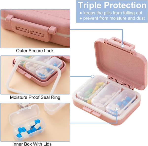 4-pack Travel Pill Case with 3 Compartments, Moisture-Proof Small Pill Box, Portable Daily Pill Organizer