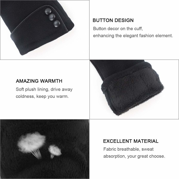 Dame Touchscreen Hansker - Vinter Varme Hansker Damer Termisk Touchscreen Full Finger Votter Vindtett Foret Tykke Varme Hansker for Gaver, Svart