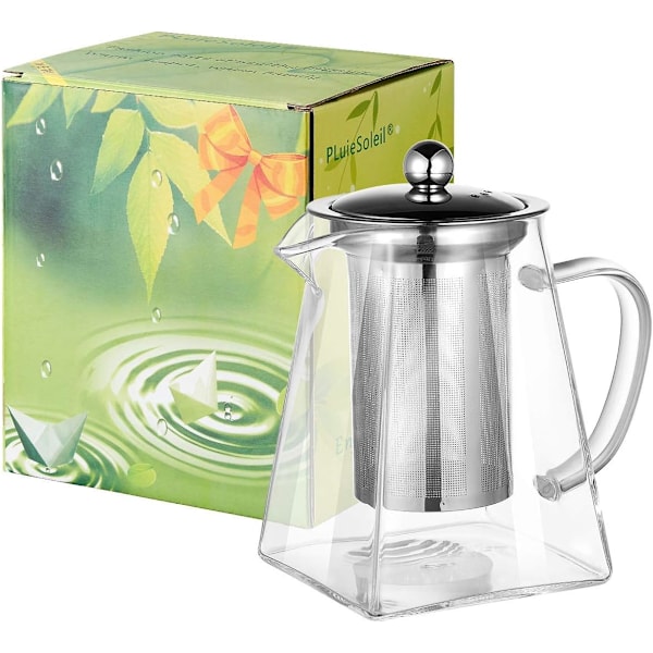 Kvadratisk Glass Tekanne med Infuser, 700 ml Borosilikat Tekanne for Løse Te, Klar Blad Tekanne med Sil for Mikrobølgeovn og Komfyrsikker Transparent 700ML