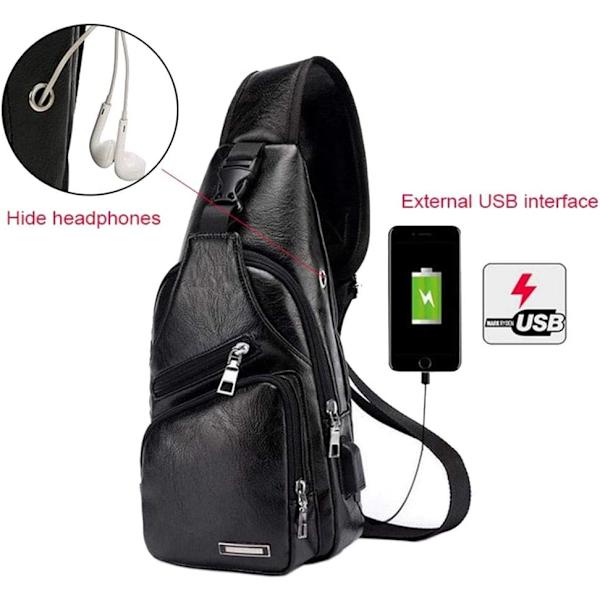 Læder Sling Crossbody Taske Rejsetaske til Mænd Kvinder Lille Skuldertaske Brysttasker med USB-opladningsport Udendørs Vandring Camping Dagsture #21black(pu/Usb)