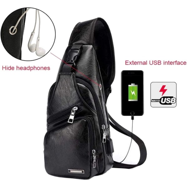 Läder Sling Crossbody Väska Reseryggsäck för Män Kvinnor Liten Axelväska Bröstväskor med USB-laddningsport Utomhus Vandring Camping Dagryggsäckar #21black(pu/Usb)