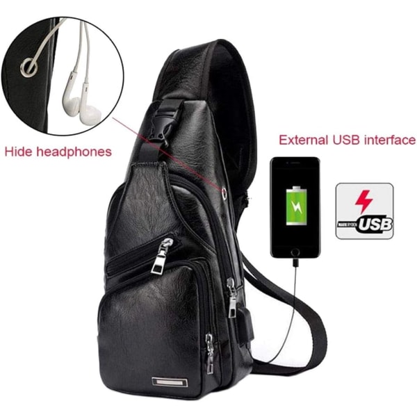 Nahkainen Sling Crossbody Bag Matkareppu miehille Naisten Pienet Olkalaukut Rintalaukut USB latausportilla Ulkoretkeilyretkeilypäiväreput #21black(pu/Usb)