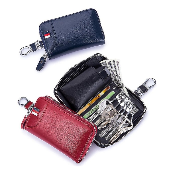 Bilnyckelring i läder Nyckelhållare nyckelplånbok, nyckelhållarplånbok, multifunktionell blixtlåsnyckelväska case (svart)